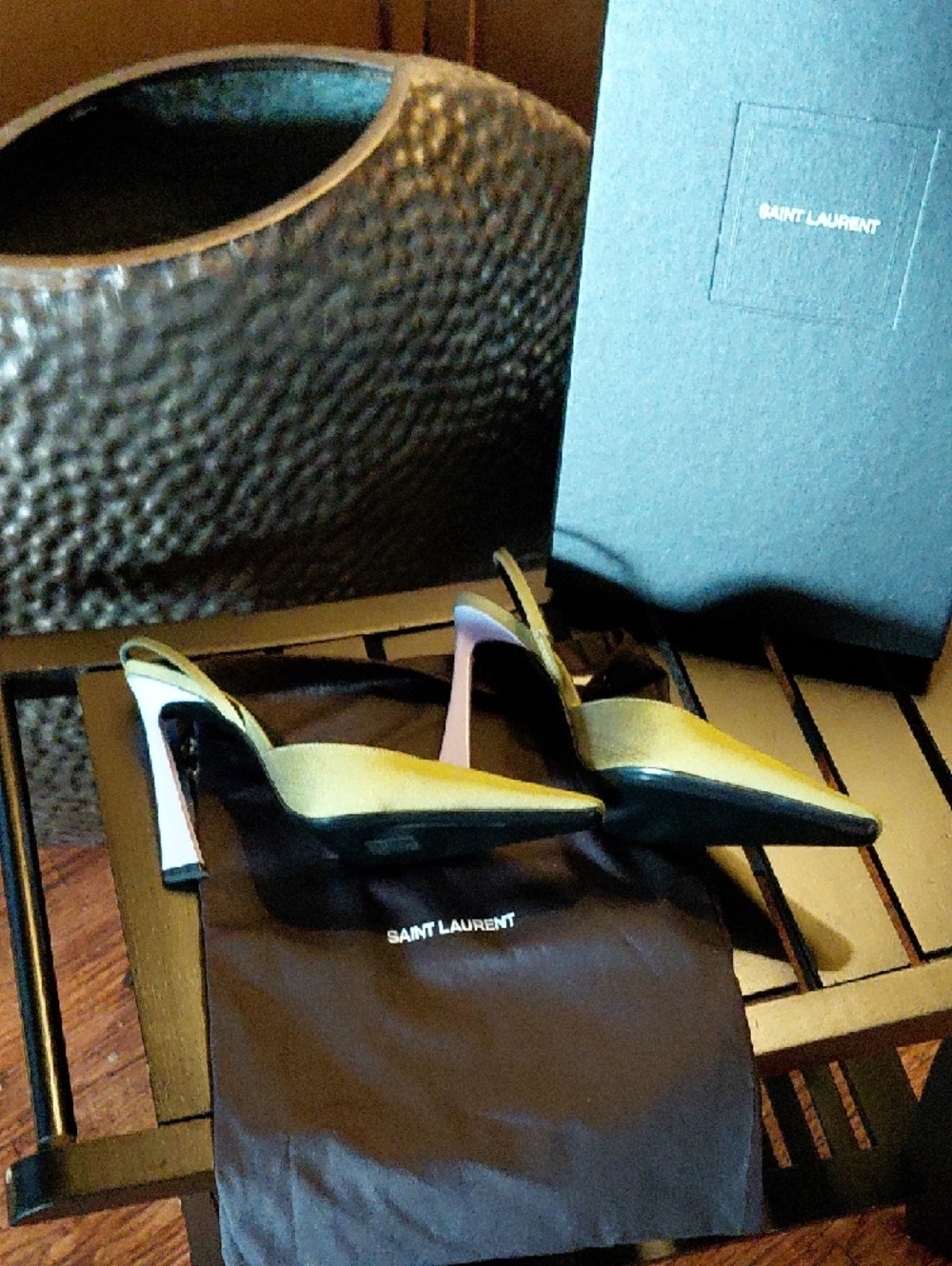 Saint Laurent Green Squared Pointed Slingback With Lavender Heeled Pumps - Picture 2 of 9